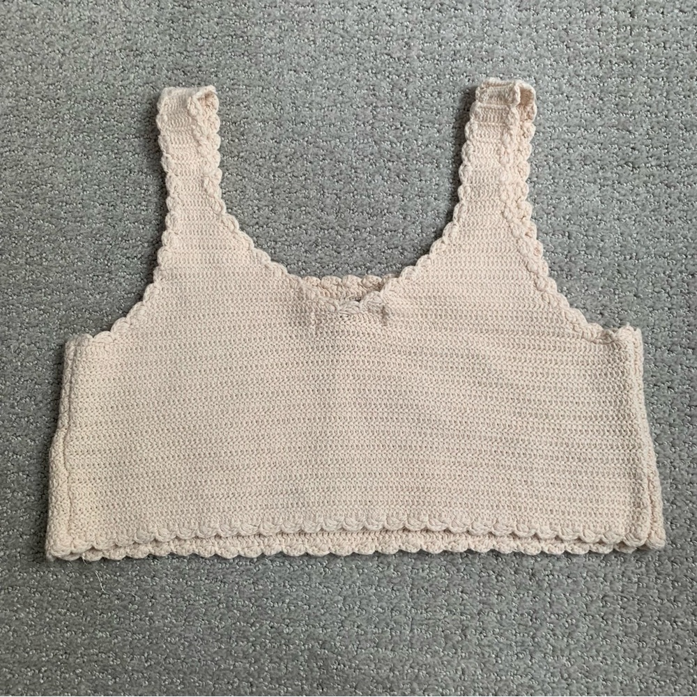 Cream Crochet Embroidered Floral Crop Bra Top Shirt Granny Core Fits XS - Picture 2 of 7